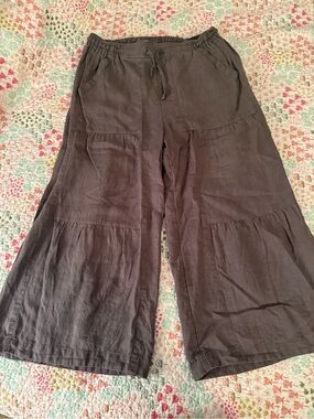 Yuvita Wide Leg Tiered Capri length Drawstring Linen Pants - Charcoal